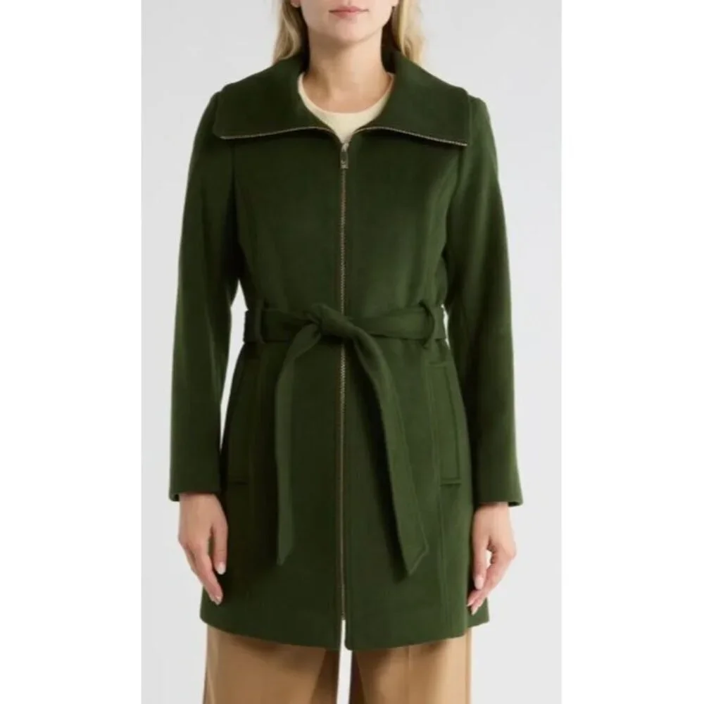 Michael Kors Womens Green Wool Blend Full Zip Belt Mid Length Pea Coat Sz L New